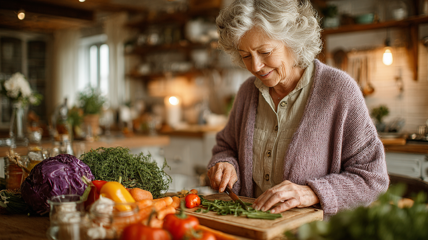 Старша пара готує здорову їжу разом на кухні